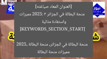 [العنوان المعاد صياغته]  
منحة البطالة في الجزائر 2025: 3 مميزات واستفادة مثالية  

[KEYWORDS_SECTION_START]  
منحة البطالة في الجزائر, منحة البطالة 2025, مميزات منحة البطالة
