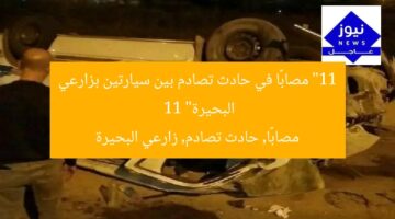 “11 مصابًا في حادث تصادم بين سيارتين بزارعي البحيرة”  
11 مصابًا, حادث تصادم, زارعي البحيرة
