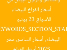 [العنوان المعاد صياغته]  
أسعار الفراخ البيضاء والساسو وكرتون البيض في الأسواق 23 يونيو 2025  

[KEYWORDS_SECTION_START]  
أسعار الفراخ البيضاء, أسعار الساسو, سعر كرتونة البيض