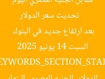 [العنوان المعاد صياغته]  
تحديث سعر الدولار مقابل الجنيه المصري اليوم السبت 14 يونيو 2025 بعد ارتفاع جديد في البنوك  

[KEYWORDS_SECTION_START]  
سعر الدولار, الجنيه المصري, البنوك