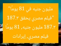 “فيلم مصري يحقق 187.3 مليون جنيه في 81 يومًا”  
فيلم مصري, إيرادات 187.3 مليون جنيه, 81 يومًا