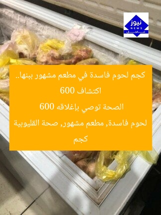اكتشاف 600 كجم لحوم فاسدة في مطعم مشهور ببنها.. الصحة توصي بإغلاقه
600 كجم لحوم فاسدة, مطعم مشهور, صحة القليوبية