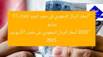 “أسعار الريال السعودي في مصر اليوم الثلاثاء 17 يونيو 2025”  
أسعار الريال السعودي, في مصر, 17 يونيو 2025