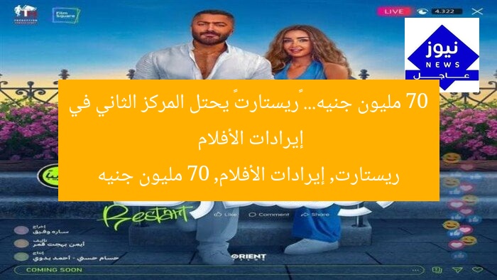“ريستارت يقترب من 70 مليون جنيه… يحتل المركز الثاني في الإيرادات”
ريستارت, 70 مليون جنيه, إيرادات الأفلام