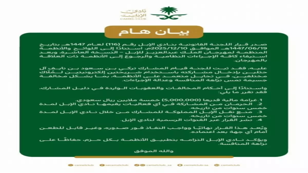 عاجل.. عاجل: نادي الإبل يوقع أقسى عقوبة تاريخية على تركي آل حثلين والذي لم يسبق لها مثيل !