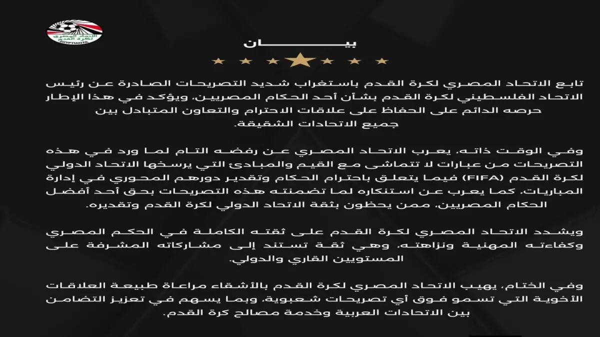 عاجل.. عاجل: الاتحاد المصري يستنكر تصريحات صادمة ضد حكم مصري… ماذا قال الرئيس الفلسطيني؟