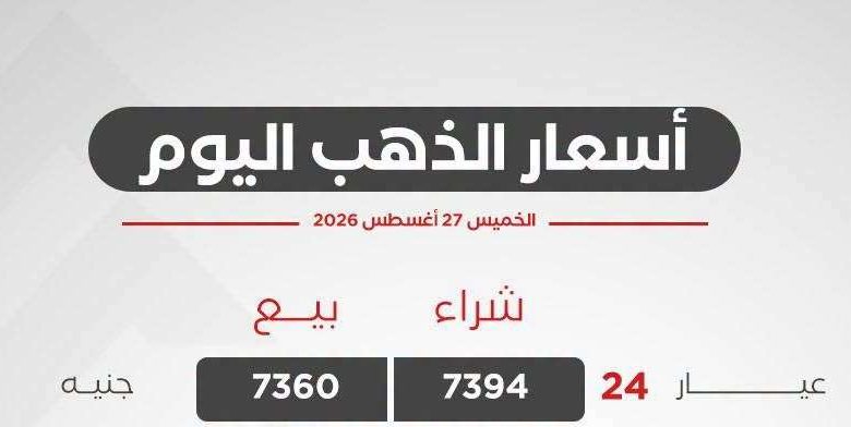 أسعار الذهب اليوم الخميس 27 أغسطس 2026