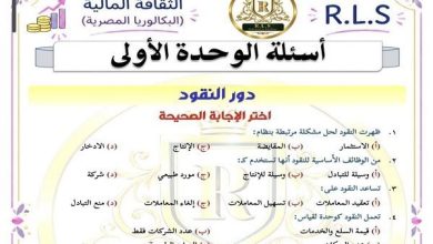 أسئلة الوحدة الأولى الثقافة المالية لطلاب ثانية بكالوريا