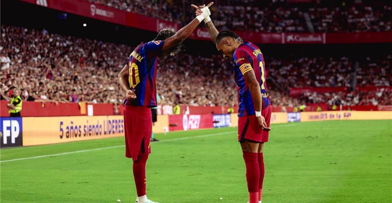 فيديو | هاتريك رافينها وتوهج لامين يامال.. قطار برشلونة يعبر إشبيلية بثلاثية في الدوري الإسباني